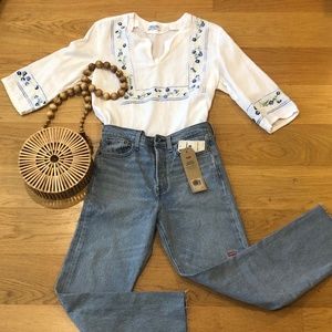 White Linen Floral Embroidery Top